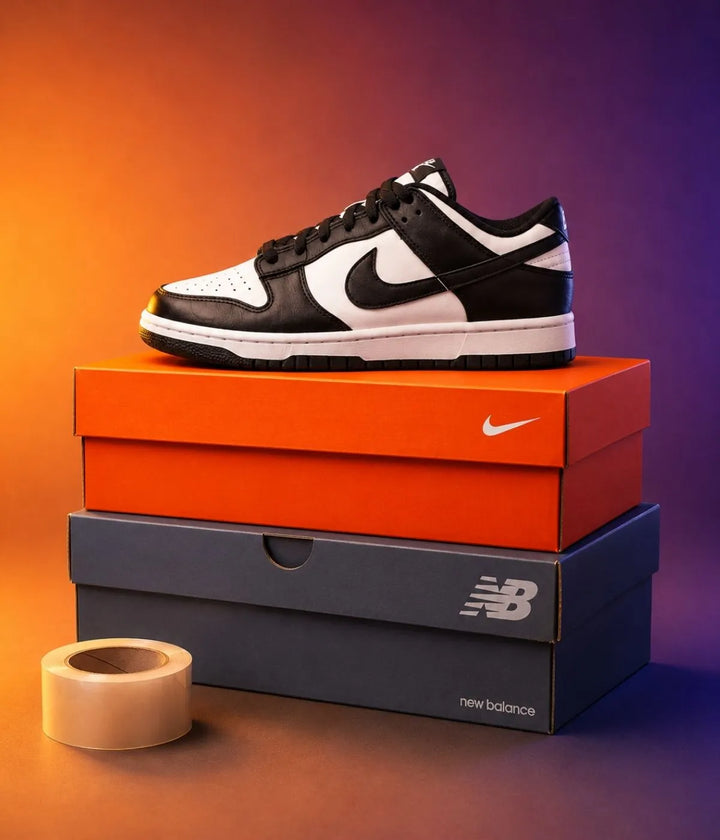 Sneaker displayed on stacked shoe boxes